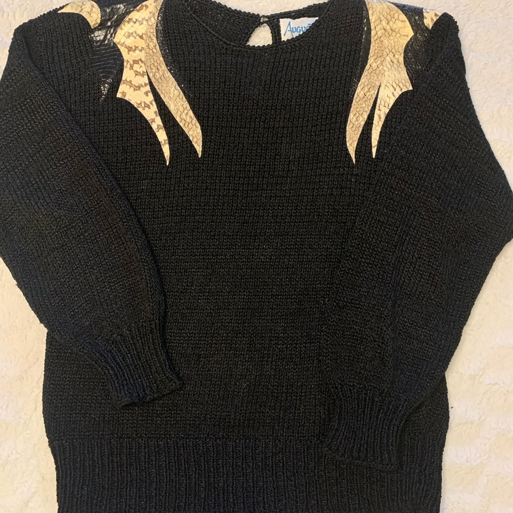 Vintage Black Knit Sweater with leather snakeskin shoulder patchwork